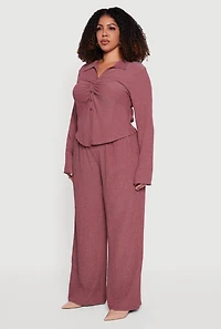 Plus Textured Knit Ruched Button Front Shirt
