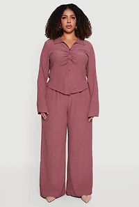 Plus Striped Seersucker Wide Leg Pull On Pants