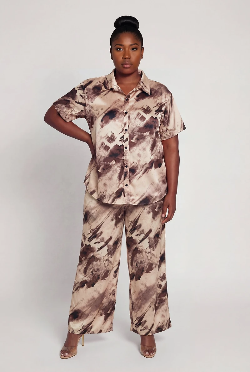 Plus Satin Printed Pattern Button Front Shirt