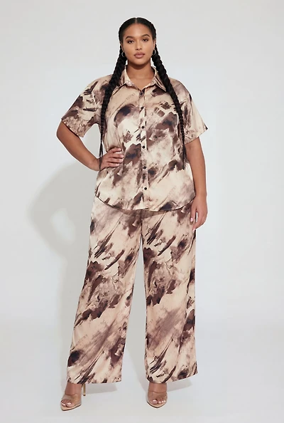 Plus Satin Patterned High Waisted Wide Leg Pants