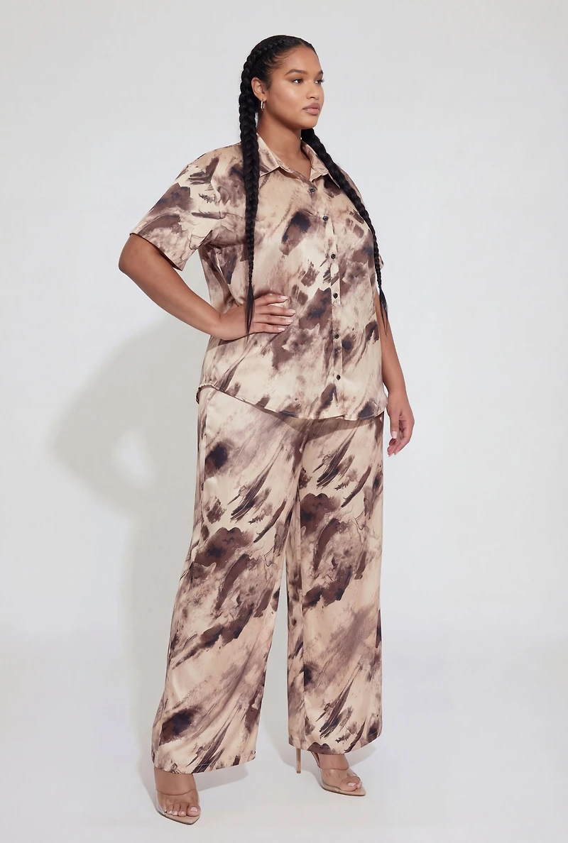 Plus Satin Patterned High Waisted Wide Leg Pants