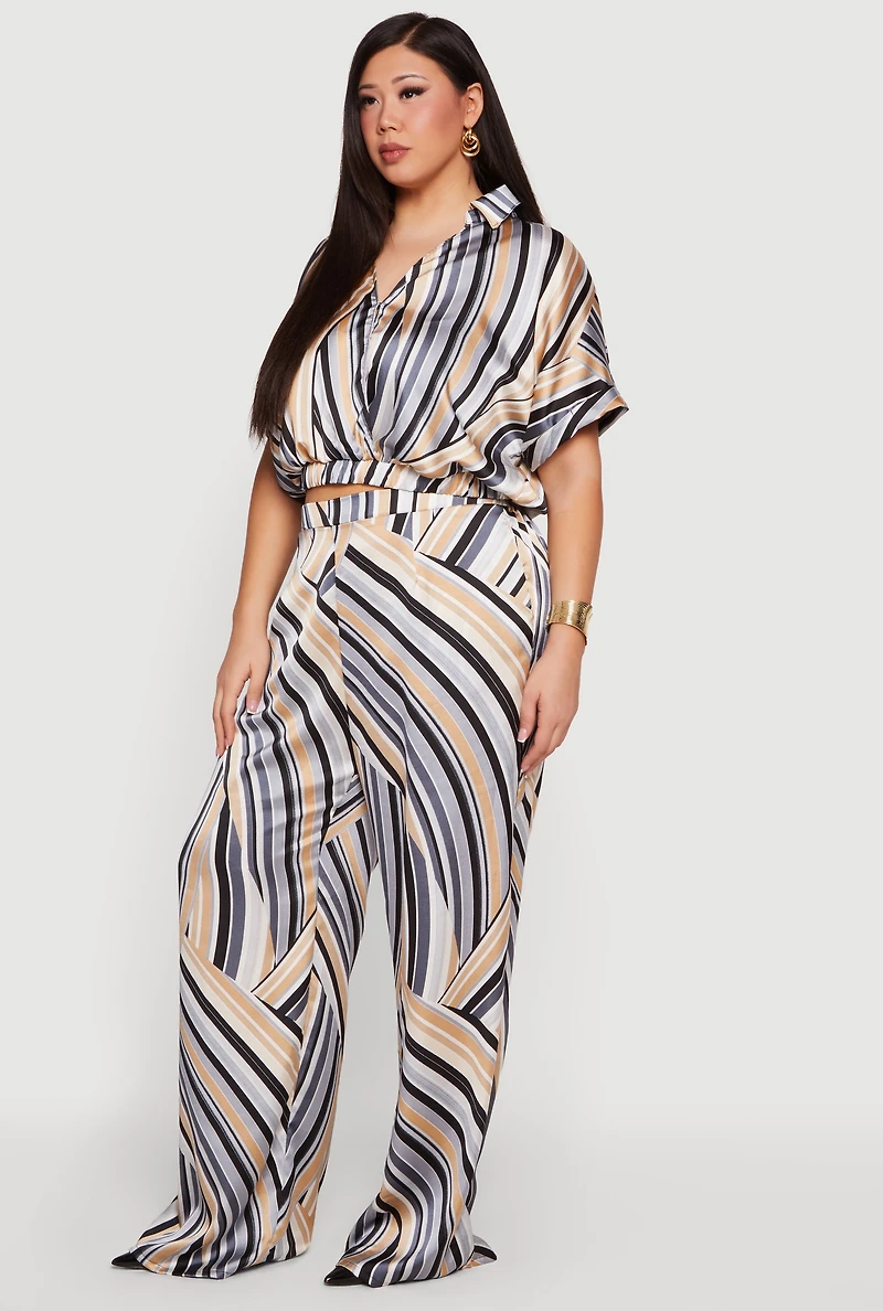 Plus Striped Satin Cropped Faux Wrap Blouse