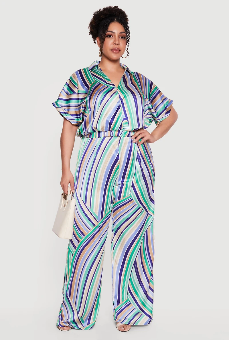 Plus Striped Satin Cropped Faux Wrap Blouse