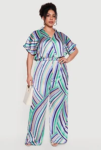Plus Striped Satin Cropped Faux Wrap Blouse