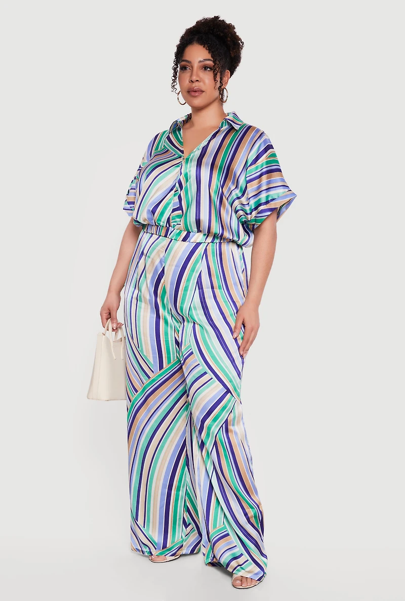 Plus Striped Satin Cropped Faux Wrap Blouse