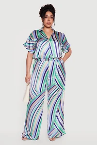 Plus Satin Striped High Waisted Wide Leg Pants