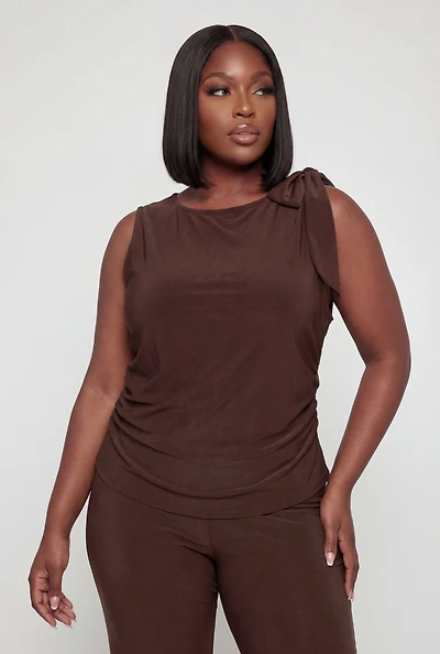 Plus Sleeveless Ruched Blouse with Bow Detail
