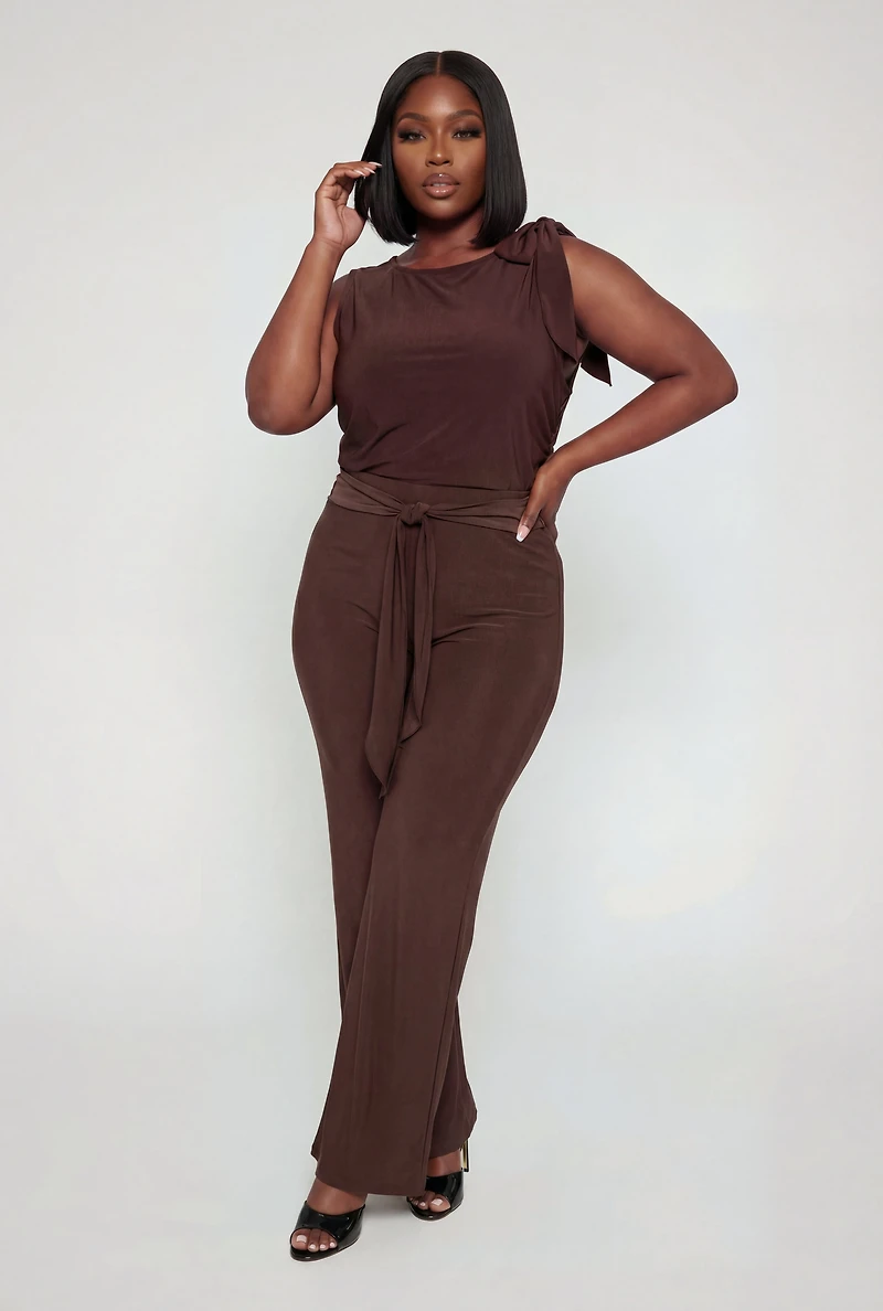 Plus Sleeveless Ruched Blouse with Bow Detail