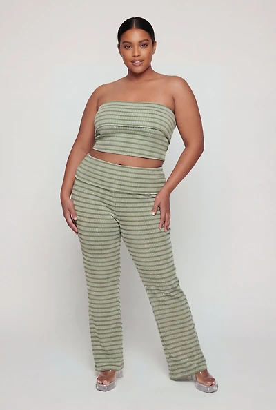 Plus Striped Fold Over Waist Rib Knit Pants