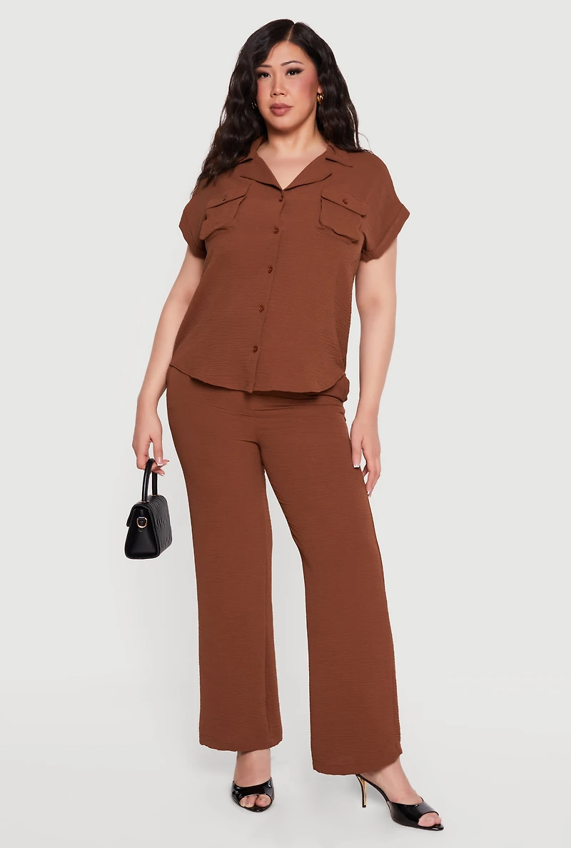 Plus Crepe Knit Dolman Sleeve Button Front Shirt
