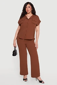 Plus Crepe Knit Dolman Sleeve Button Front Shirt
