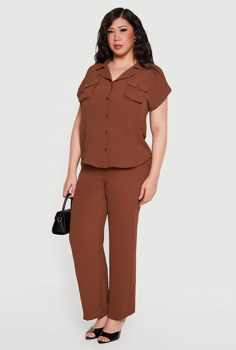 Plus Crepe Knit Dolman Sleeve Button Front Shirt