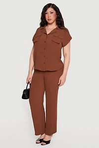Plus Crepe Knit Dolman Sleeve Button Front Shirt