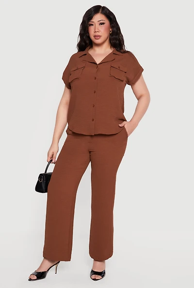 Plus Crepe Knit Drawstring Waist Wide Leg Casual Pants