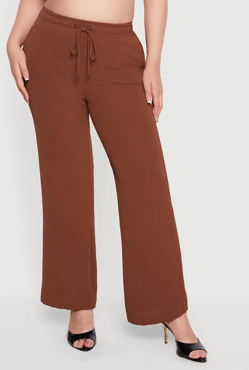 Plus Crepe Knit Drawstring Waist Wide Leg Casual Pants