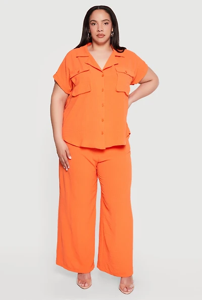 Plus Crepe Knit Drawstring Waist Wide Leg Casual Pants