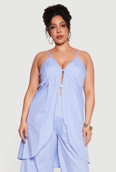 Plus Pinstripe Sleeveless Button Front Tunic Blouse