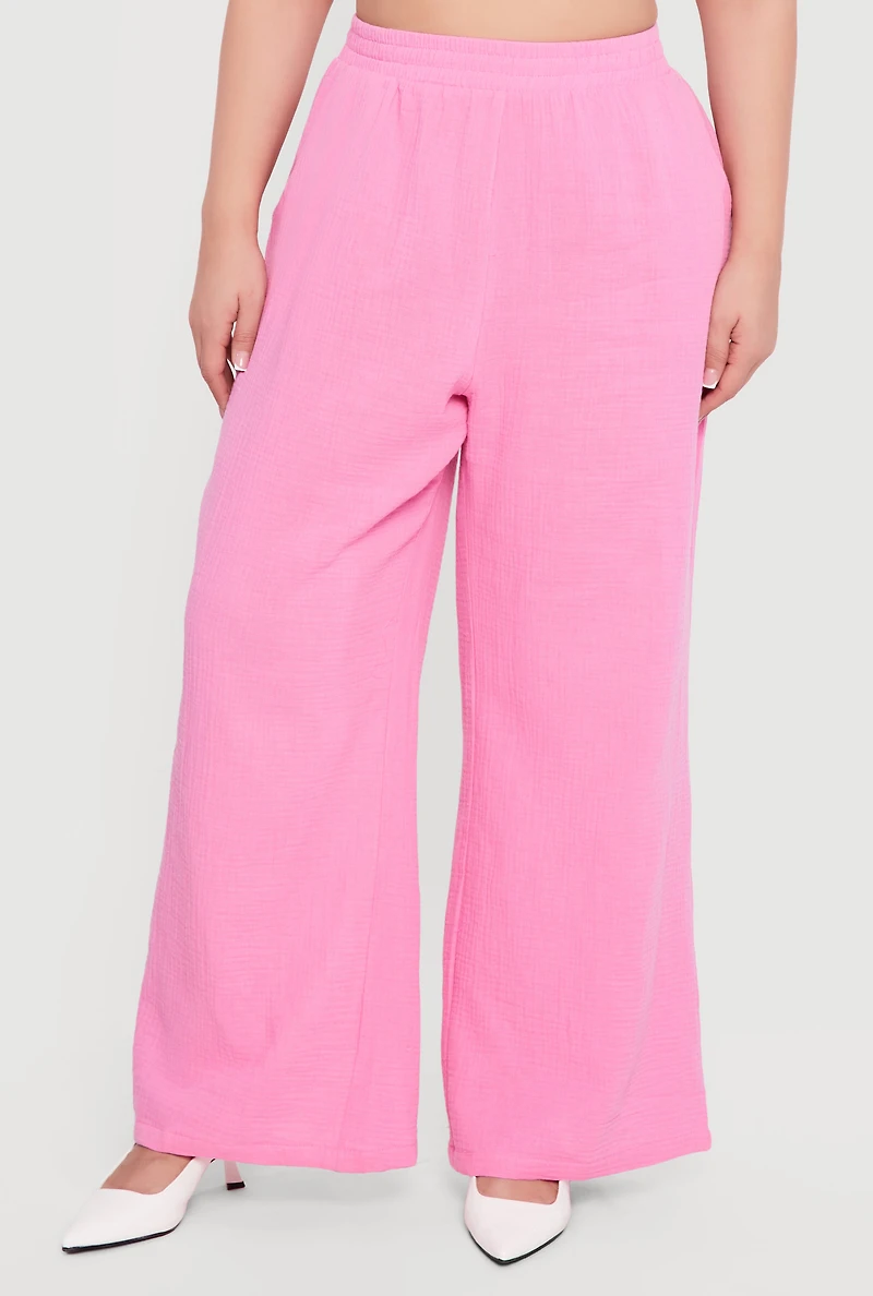Plus High Waisted Wide Leg Gauze Knit Pants