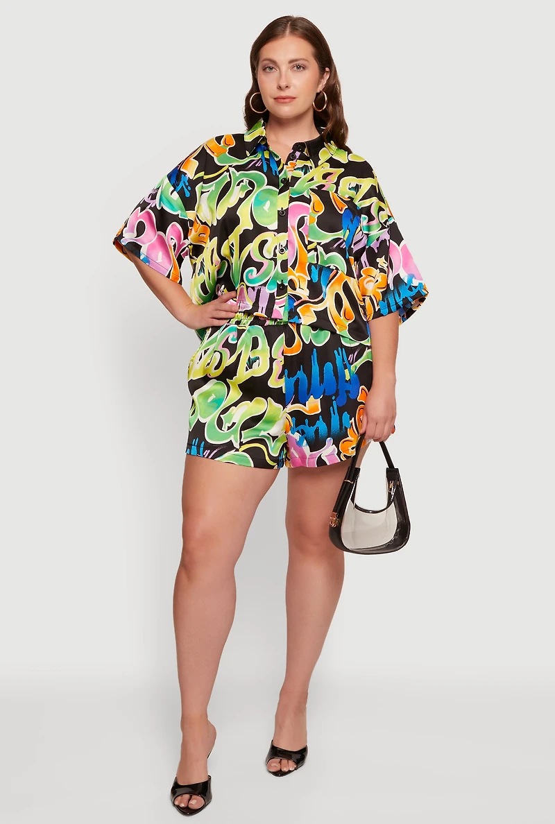 Plus Graffiti Print Satin Shirt