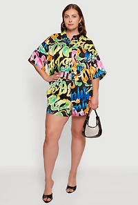 Plus Graffiti Print Satin Shirt