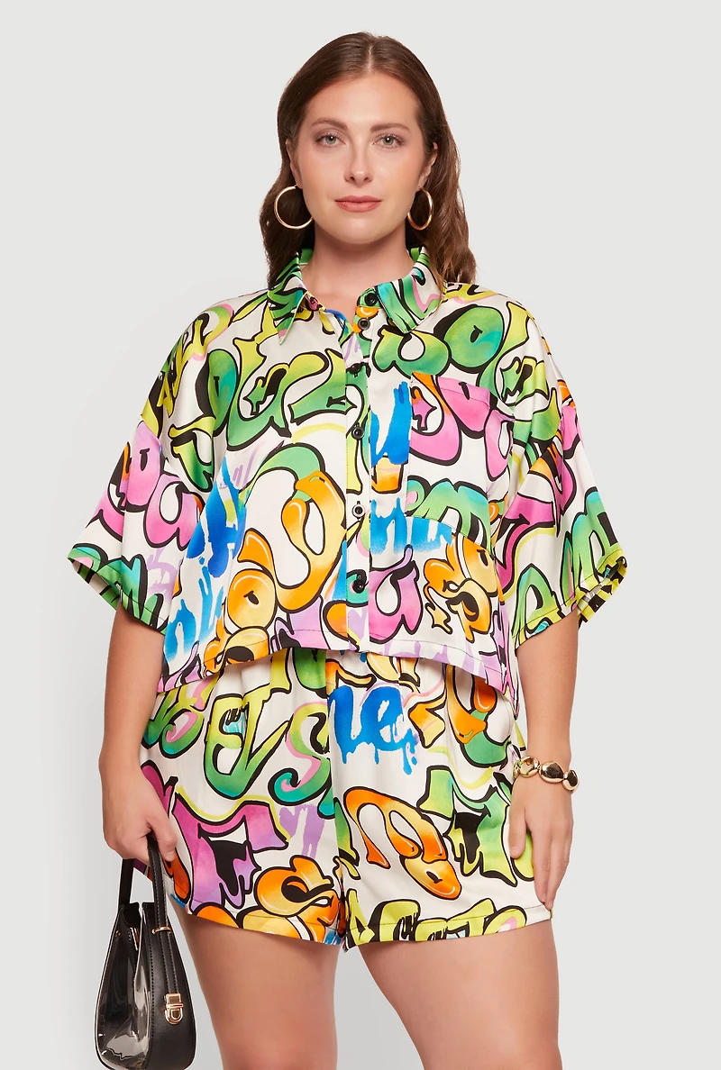 Plus Graffiti Print Satin Shirt