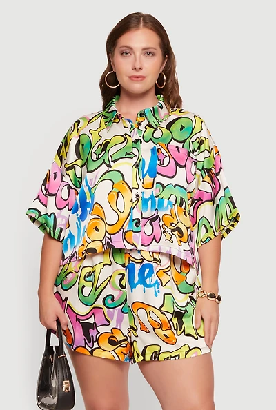 Plus Graffiti Print Satin Shirt