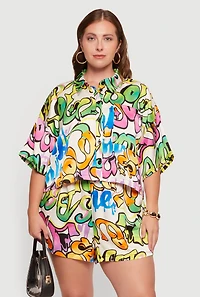 Plus Graffiti Print Satin Shirt