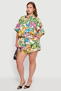 Plus Graffiti Print Satin Shirt