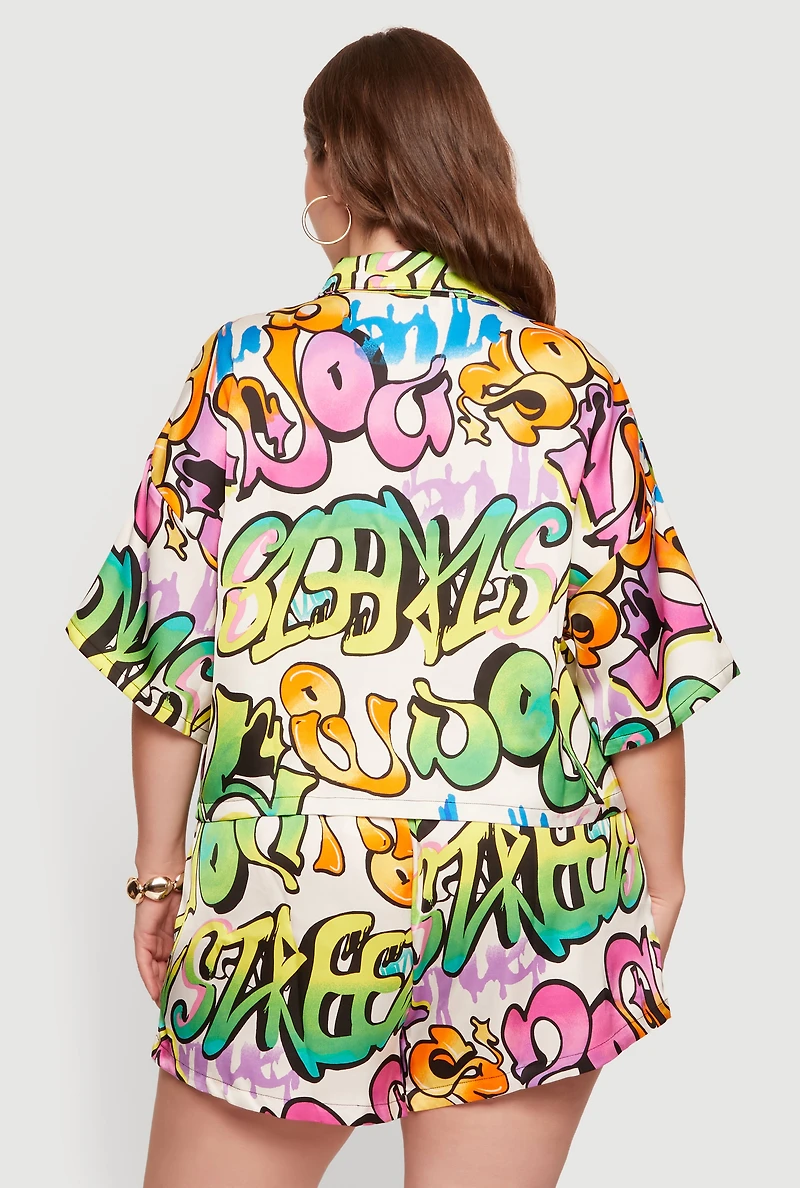 Plus Graffiti Print Satin Shirt
