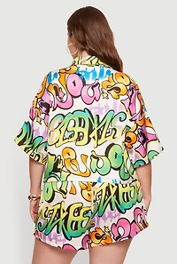 Plus Graffiti Print Satin Shirt