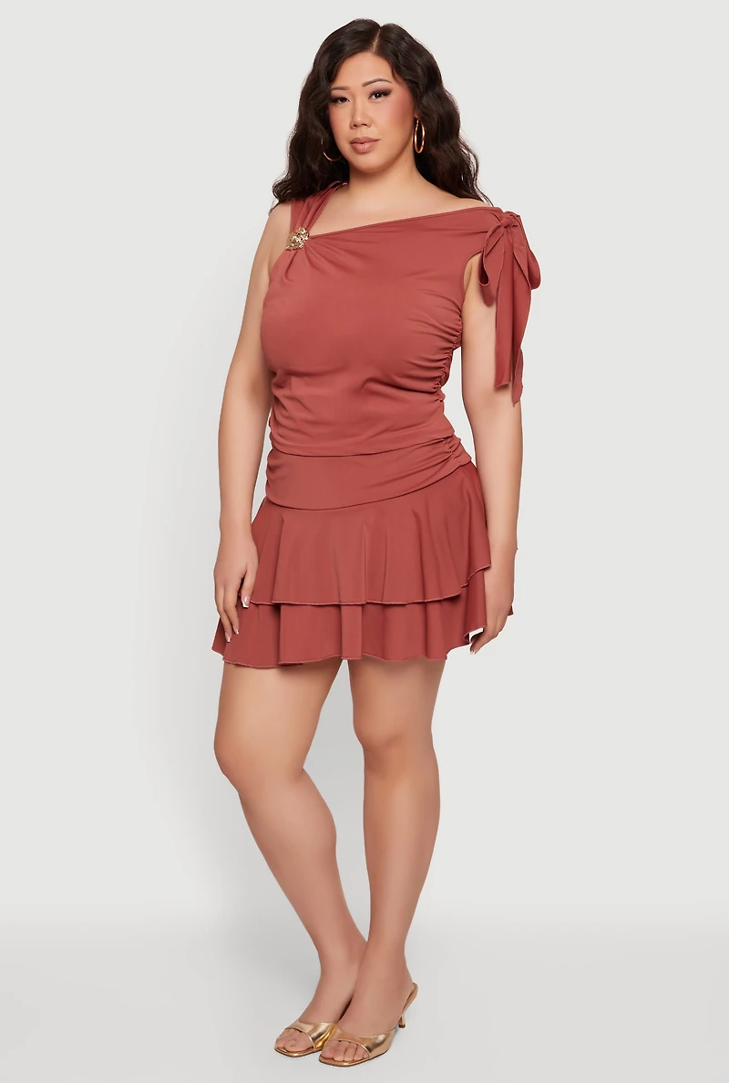 Plus Side Ruched Drop Waist Ruffle Tiered Skirt