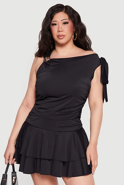 Plus Bow One Shoulder Asymmetrical Blouse