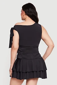 Plus Bow One Shoulder Asymmetrical Blouse