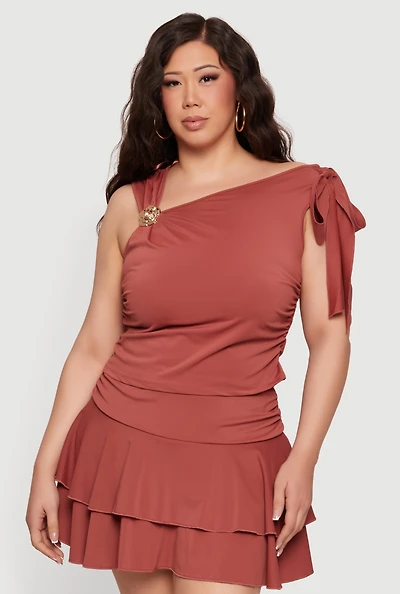 Plus Bow One Shoulder Asymmetrical Blouse