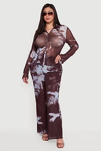 Plus Long Sleeve Mesh Printed Blouse