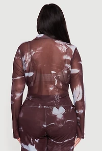 Plus Long Sleeve Mesh Printed Blouse