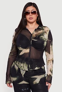 Plus Long Sleeve Mesh Printed Blouse