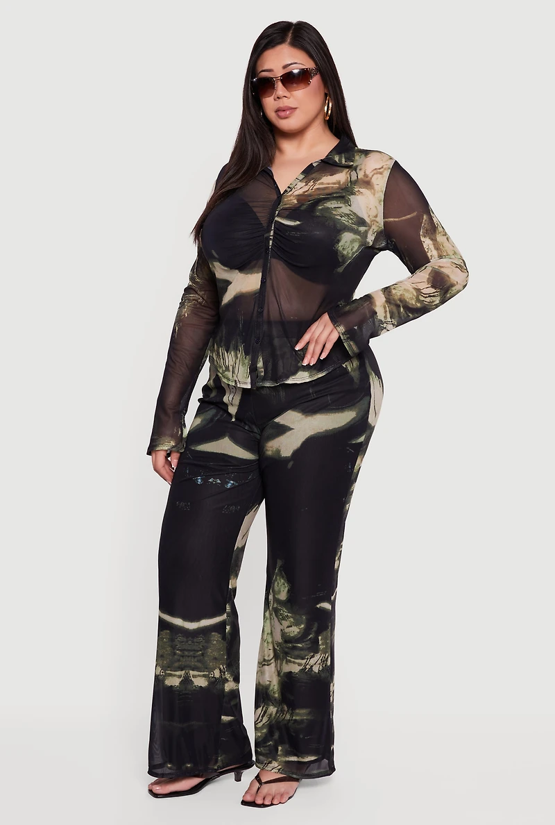 Plus Long Sleeve Mesh Printed Blouse