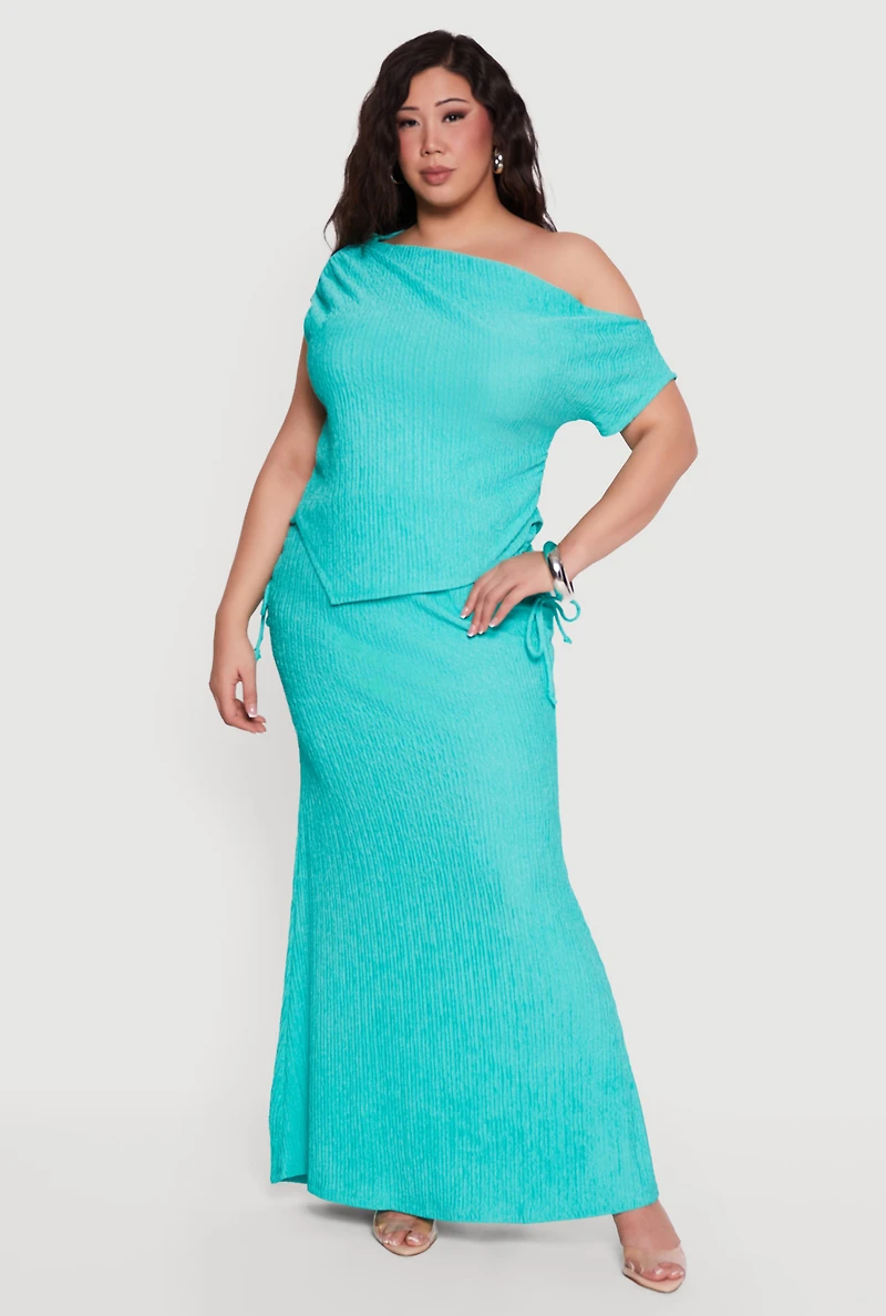 Plus Textured Knit Ruched High Waisted Maxi Skirt