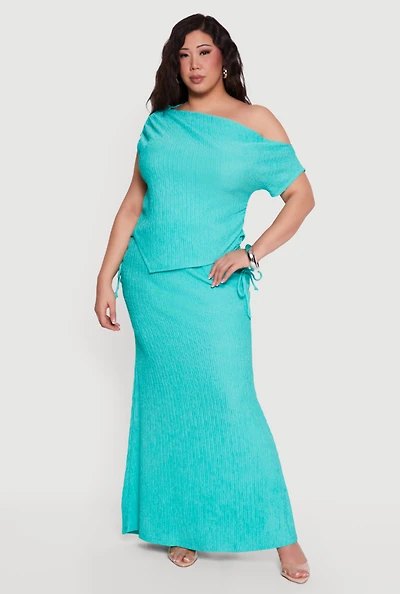 Plus Textured Knit Ruched High Waisted Maxi Skirt