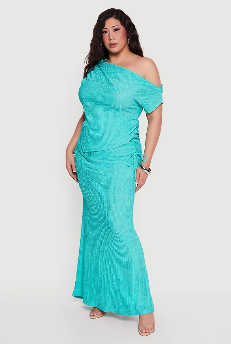 Plus Textured Knit Ruched High Waisted Maxi Skirt