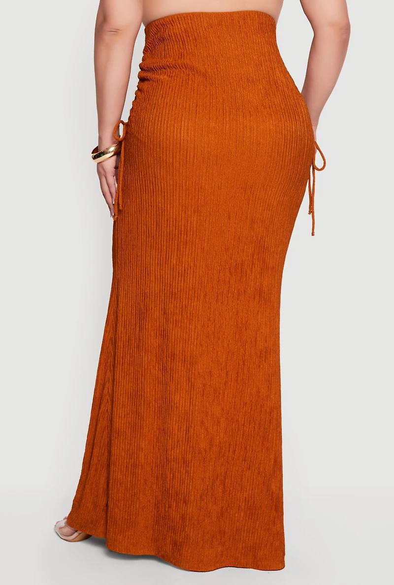 Plus Textured Knit Ruched High Waisted Maxi Skirt
