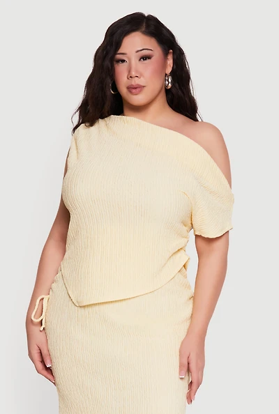 Plus Textured Knit Handkerchief Hem One Shoulder Top