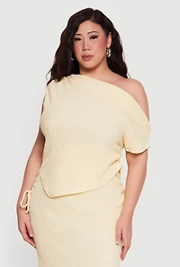 Plus Textured Knit Handkerchief Hem One Shoulder Top