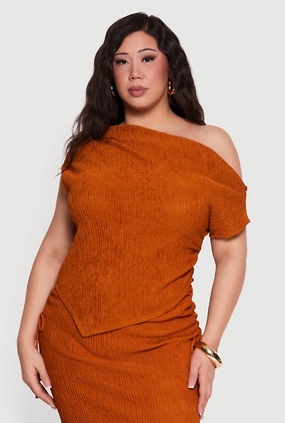 Plus Textured Knit Handkerchief Hem One Shoulder Top