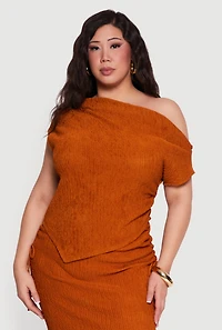 Plus Textured Knit Handkerchief Hem One Shoulder Top