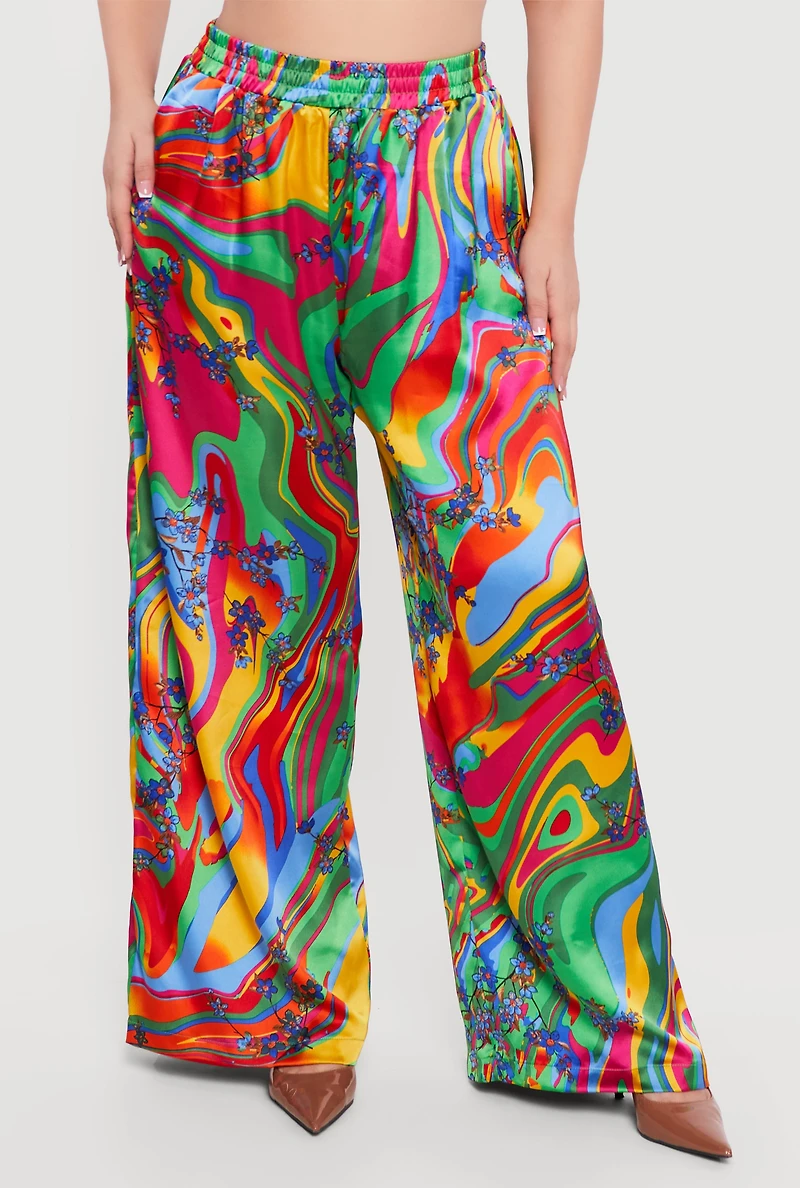 Plus Floral Psychedelic Swirl Satin Wide Leg Pants