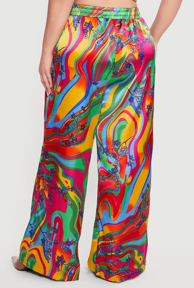 Plus Floral Psychedelic Swirl Satin Wide Leg Pants