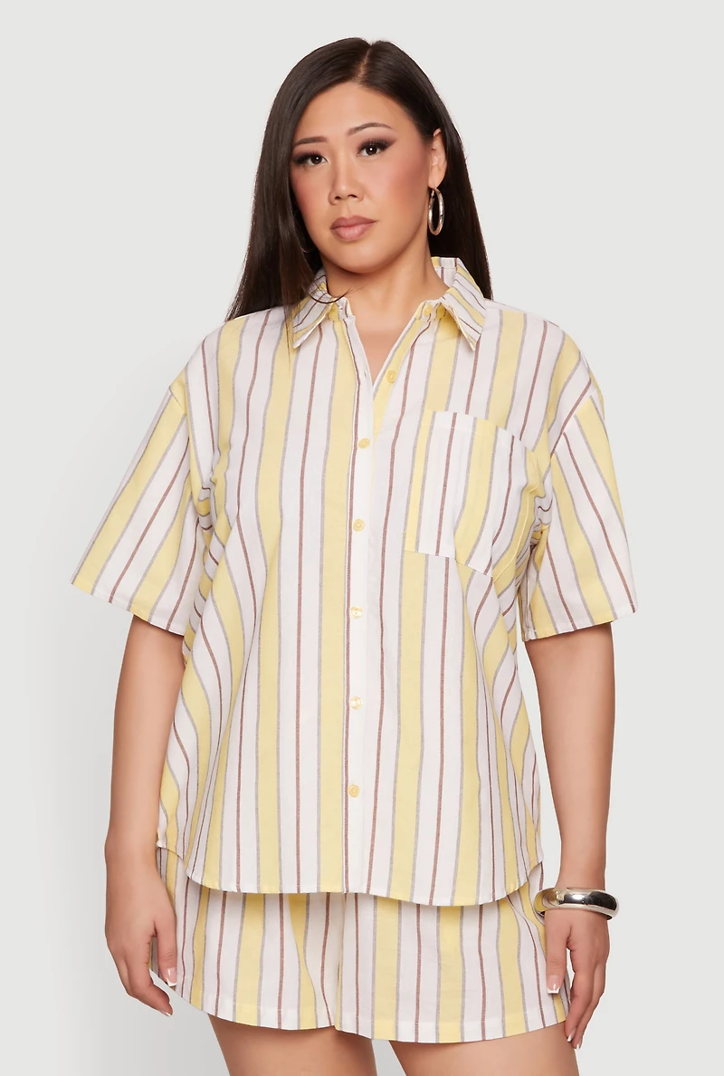 Plus Striped Short Sleeve Button Front Shirt