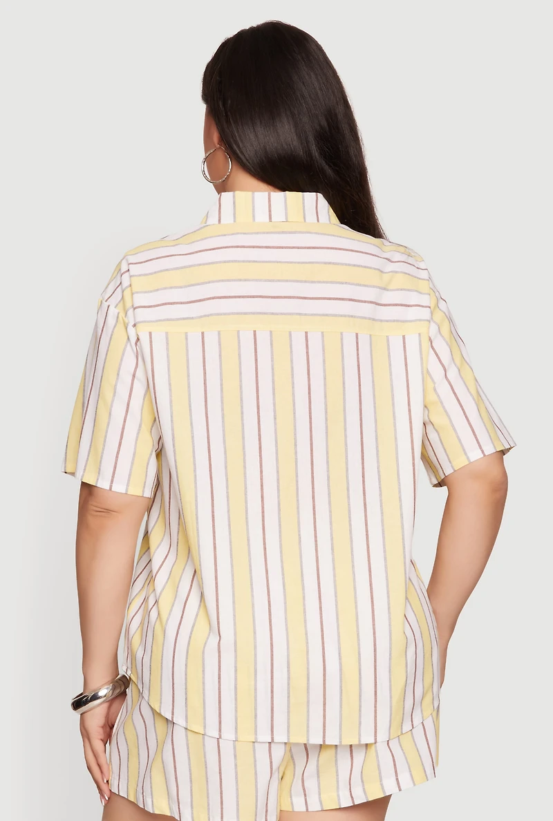 Plus Striped Short Sleeve Button Front Shirt
